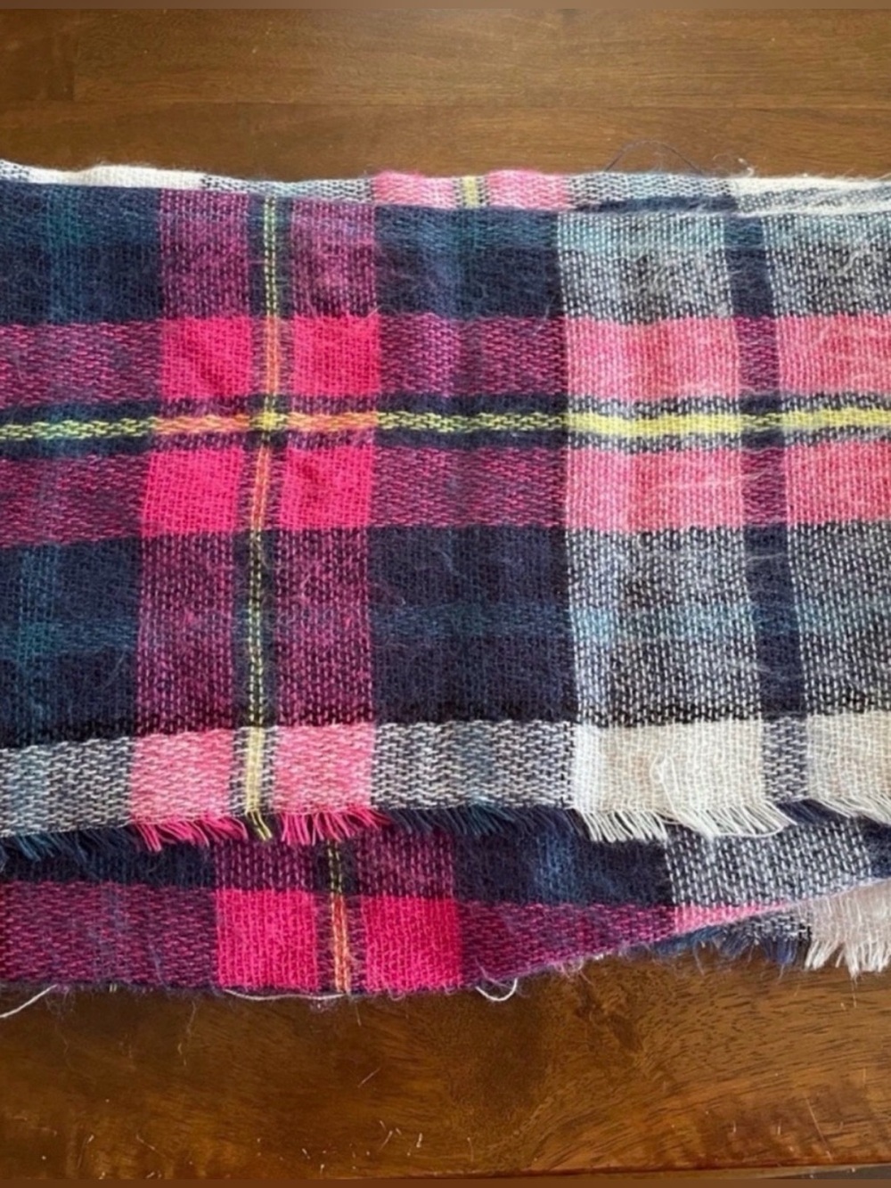Cozy Large Plaid Fringe Scarf in Pink and Navy